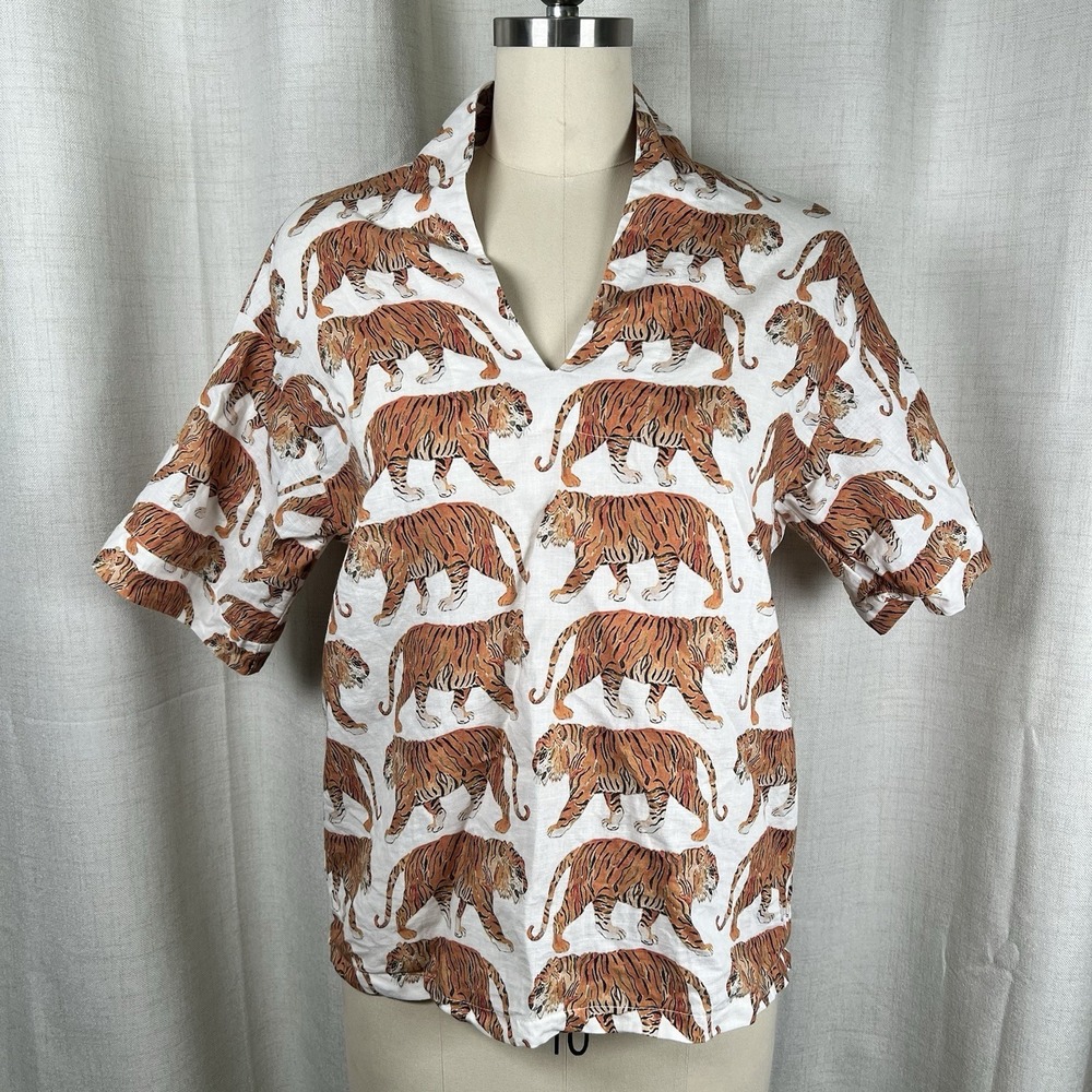 Brooke Wright Tiger Top Linen Blend Safari Jungle Short Sleeve Women's M/L